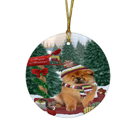 Merry Christmas Woodland Sled Chow Chow Dog Round Flat Christmas Ornament RFPOR55259