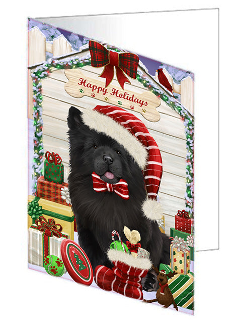Happy Holidays Christmas Chow Chow Dog House with Presents Handmade Artwork Assorted Pets Greeting Cards and Note Cards with Envelopes for All Occasions and Holiday Seasons GCD58226
