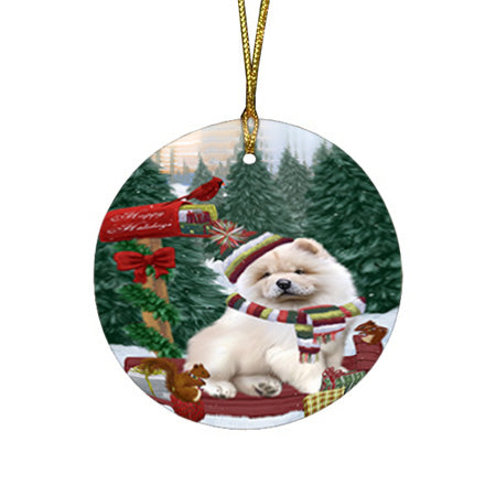 Merry Christmas Woodland Sled Chow Chow Dog Round Flat Christmas Ornament RFPOR55260