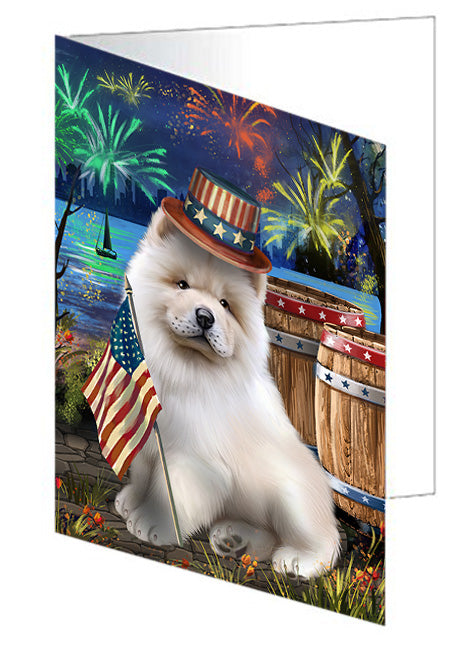 4th of July Independence Day Fireworks Chow Chow Dog at the Lake Handmade Artwork Assorted Pets Greeting Cards and Note Cards with Envelopes for All Occasions and Holiday Seasons GCD57410