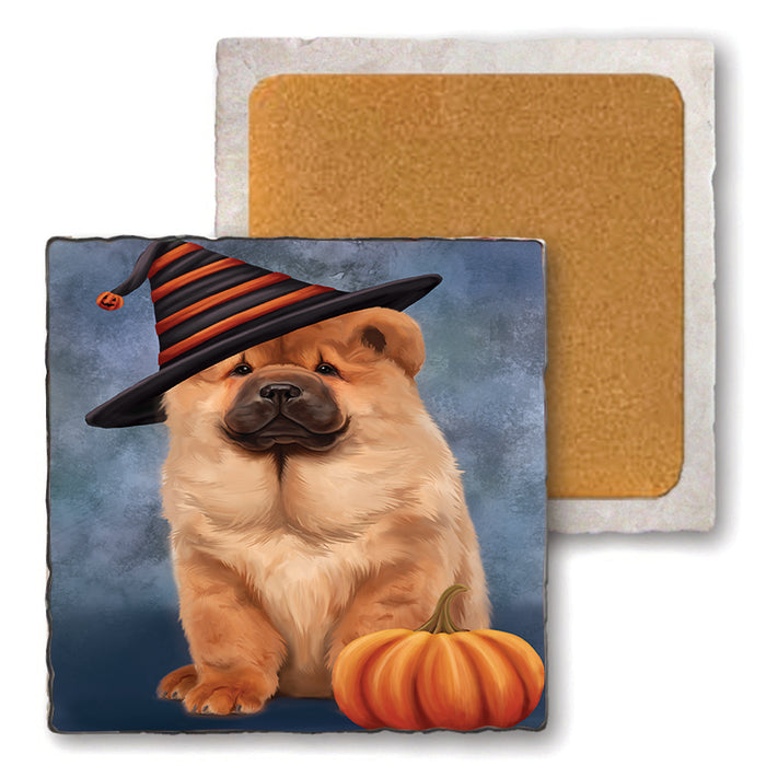 Happy Halloween Chow Chow Dog Wearing Witch Hat with Pumpkin Set of 4 Natural Stone Marble Tile Coasters MCST49887