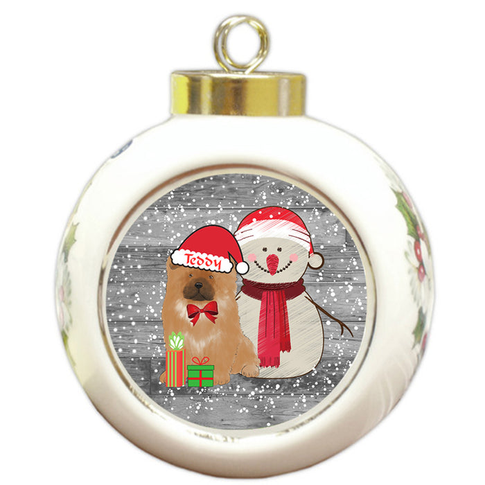 Custom Personalized Snowy Snowman and Chow Chow Dog Christmas Round Ball Ornament