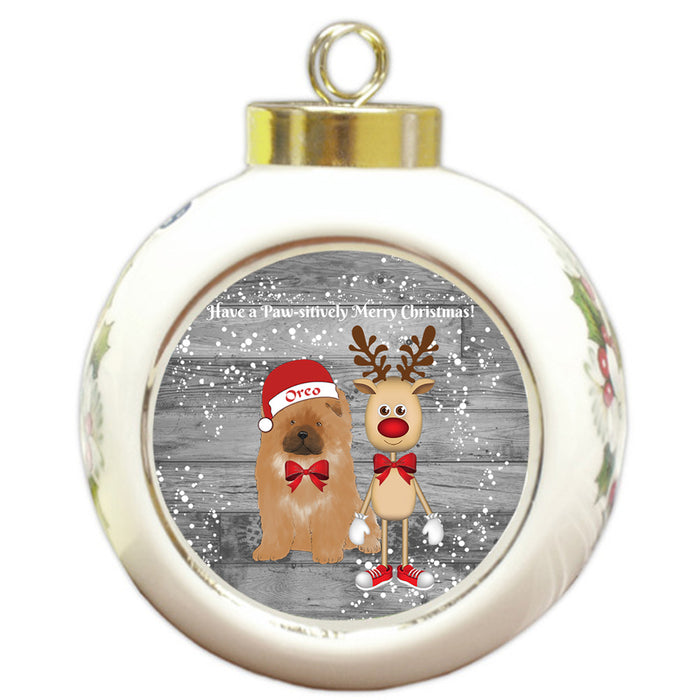 Custom Personalized Chow Chow Dog Reindeer and Pooch Christmas Round Ball Ornament