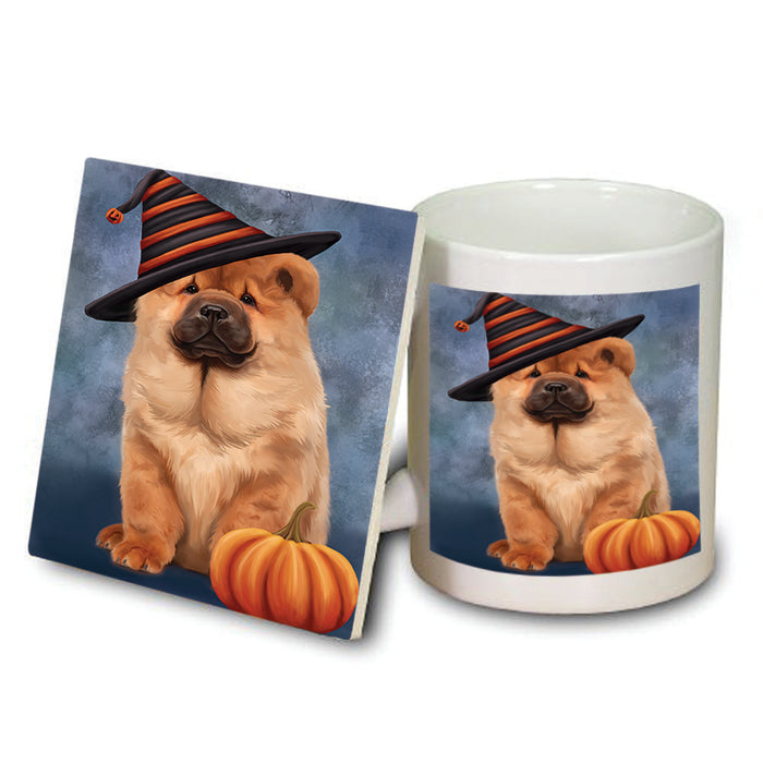 Happy Halloween Chow Chow Dog Wearing Witch Hat with Pumpkin Mug and Coaster Set MUC54879