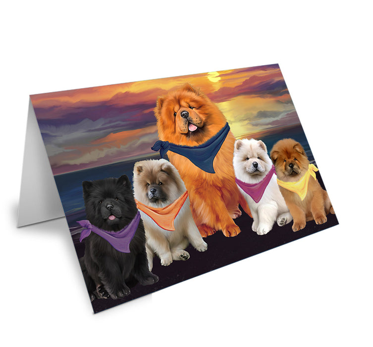 Family Sunset Portrait Chow Chows Dog Handmade Artwork Assorted Pets Greeting Cards and Note Cards with Envelopes for All Occasions and Holiday Seasons GCD54779