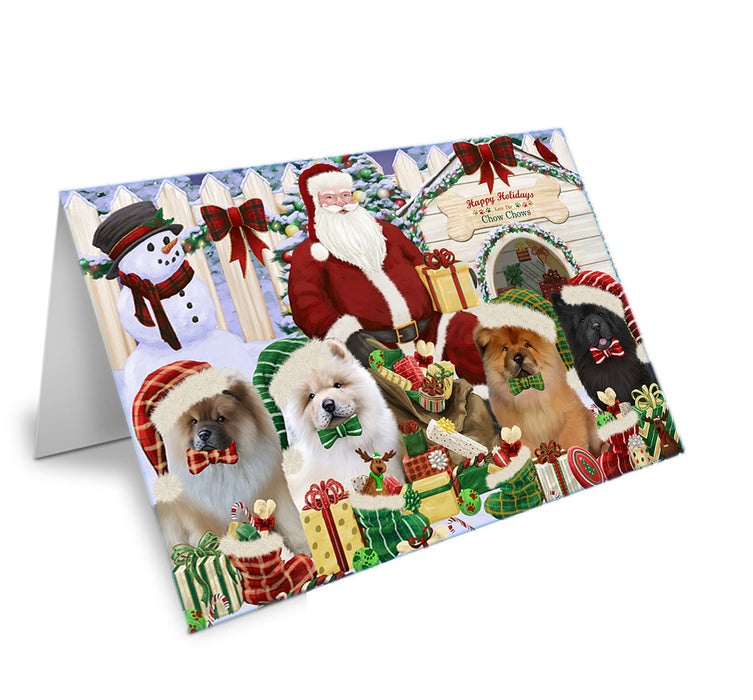 Happy Holidays Christmas Chow Chows Dog House Gathering Handmade Artwork Assorted Pets Greeting Cards and Note Cards with Envelopes for All Occasions and Holiday Seasons GCD58370