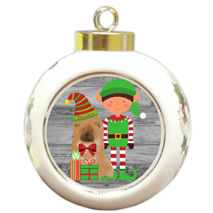 Custom Personalized Chow Chow Dog Elfie and Presents Christmas Round Ball Ornament