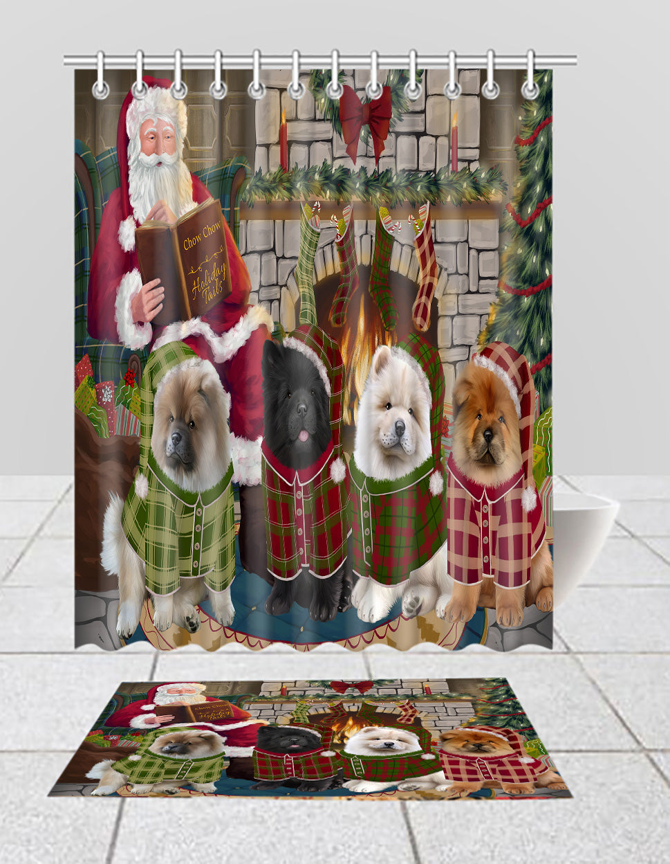 Christmas Cozy Holiday Fire Tails Chow Chow Dogs Bath Mat and Shower C