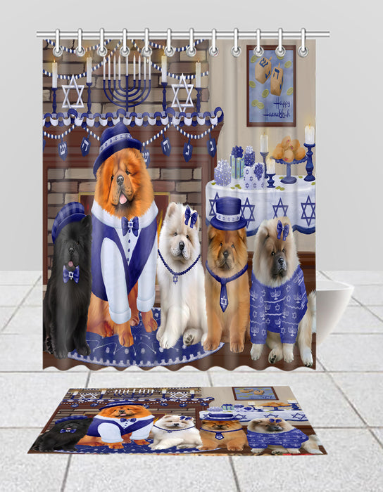 Happy Hanukkah Family Chow Chow Dogs Bath Mat and Shower Curtain Combo