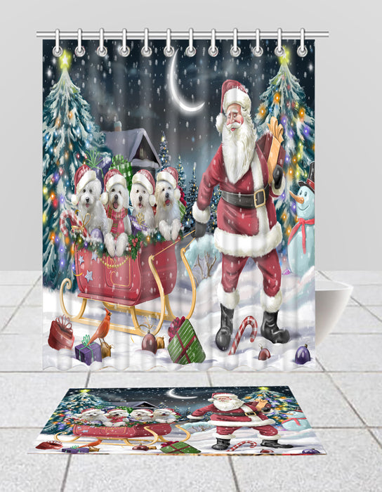 Santa Sled Dogs Christmas Happy Holidays Bichon Dogs Bath Mat and Shower Curtain Combo