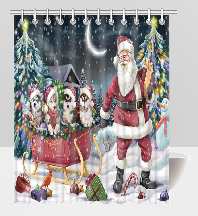 Santa Sled Dogs Christmas Happy Holidays Siberian Husky Shower Curtain