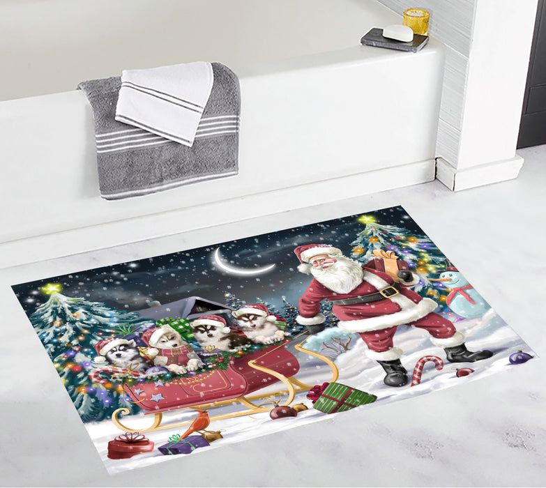 Santa Sled Dogs Christmas Happy Holidays Siberian Husky Bath Mat
