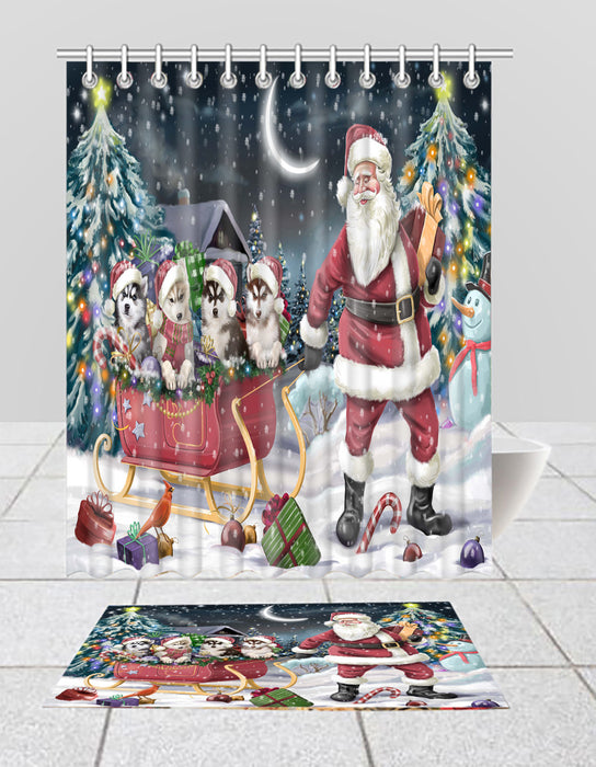Santa Sled Dogs Christmas Happy Holidays Siberian Husky Bath Mat and Shower Curtain Combo