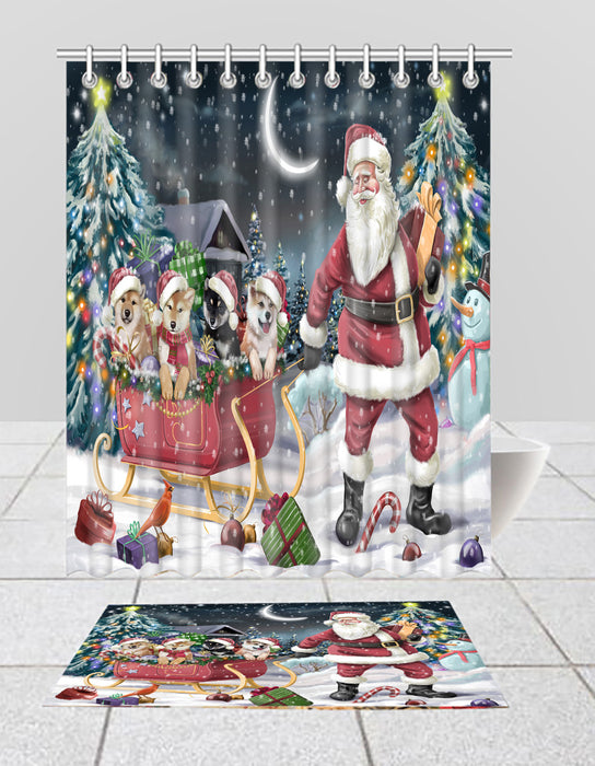 Santa Sled Dogs Christmas Happy Holidays Shiba Inu Dogs Bath Mat and Shower Curtain Combo