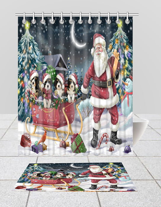 Santa Sled Dogs Christmas Happy Holidays Bernedoodle Dogs Bath Mat and Shower Curtain Combo
