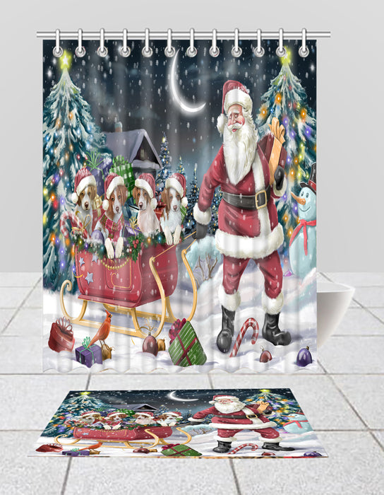 Santa Sled Dogs Christmas Happy Holidays Brittany Spaniel Dogs Bath Mat and Shower Curtain Combo