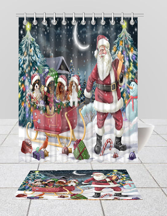 Santa Sled Dogs Christmas Happy Holidays Cavalier King Charles Spaniel Dogs Bath Mat and Shower Curtain Combo