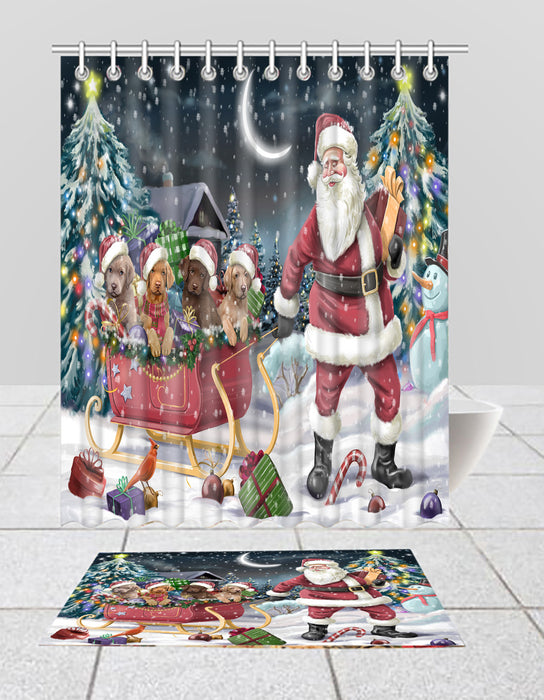 Santa Sled Dogs Christmas Happy Holidays Chesapeake Bay Retriever Dogs Bath Mat and Shower Curtain Combo