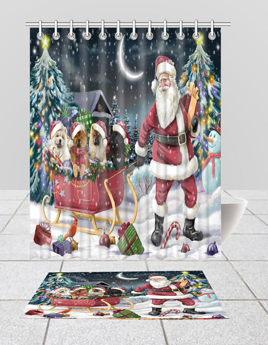 Santa Sled Dogs Christmas Happy Holidays Chow Chow Dogs Bath Mat and Shower Curtain Combo