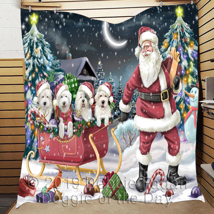 Santa Sled Dogs Christmas Happy Holidays Old English Sheepdog Quilt