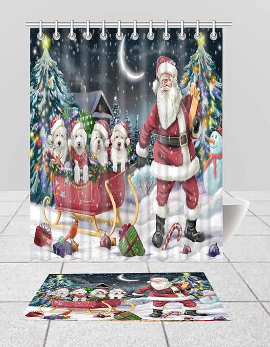 Santa Sled Dogs Christmas Happy Holidays Old English Sheepdog Bath Mat and Shower Curtain Combo