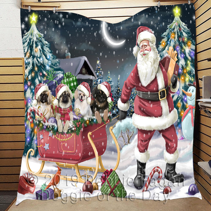 Santa Sled Dogs Christmas Happy Holidays Pekingese Dogs Quilt