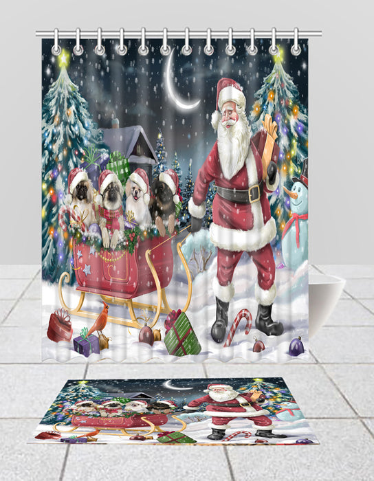 Santa Sled Dogs Christmas Happy Holidays Pekingese Dogs Bath Mat and Shower Curtain Combo