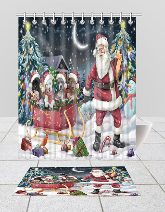 Santa Sled Dogs Christmas Happy Holidays Pit Bull Dogs Bath Mat and Shower Curtain Combo
