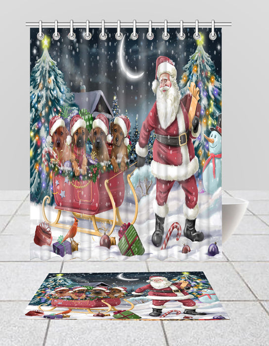 Santa Sled Dogs Christmas Happy Holidays Rhodesian Ridgeback Dogs Bath Mat and Shower Curtain Combo
