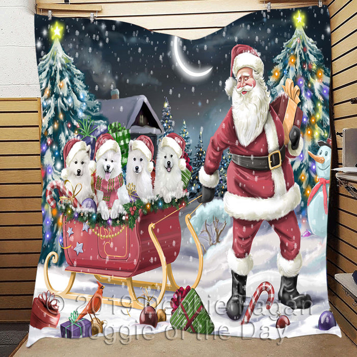 Santa Sled Dogs Christmas Happy Holidays Samoyed Dogs Quilt