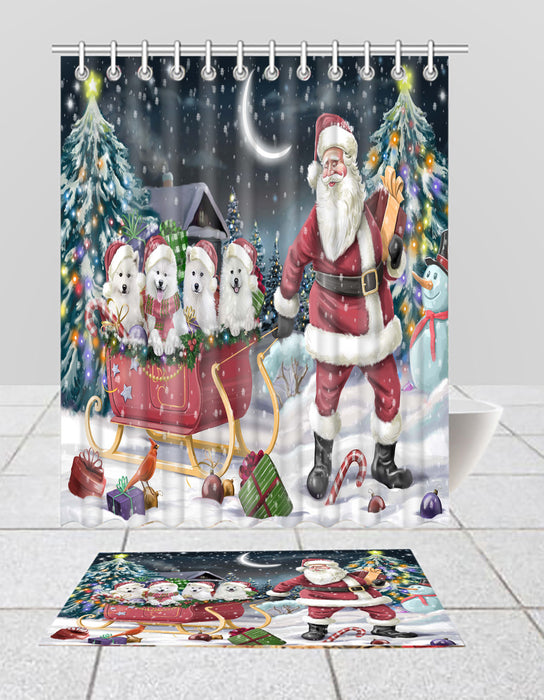 Santa Sled Dogs Christmas Happy Holidays Samoyed Dogs Bath Mat and Shower Curtain Combo