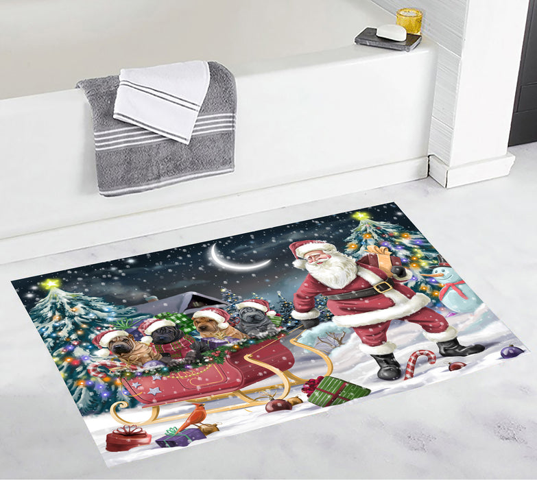 Santa Sled Dogs Christmas Happy Holidays Shar Pei Dogs Bath Mat