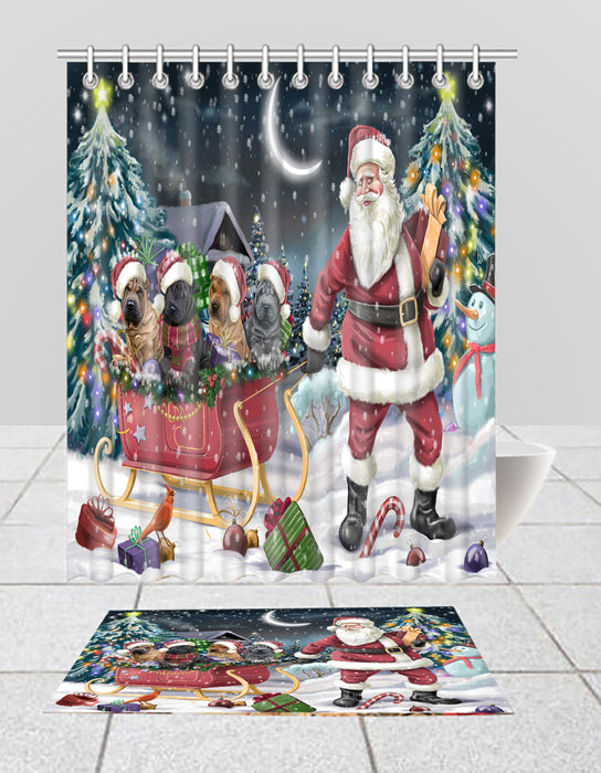 Santa Sled Dogs Christmas Happy Holidays Shar Pei Dogs Bath Mat and Shower Curtain Combo