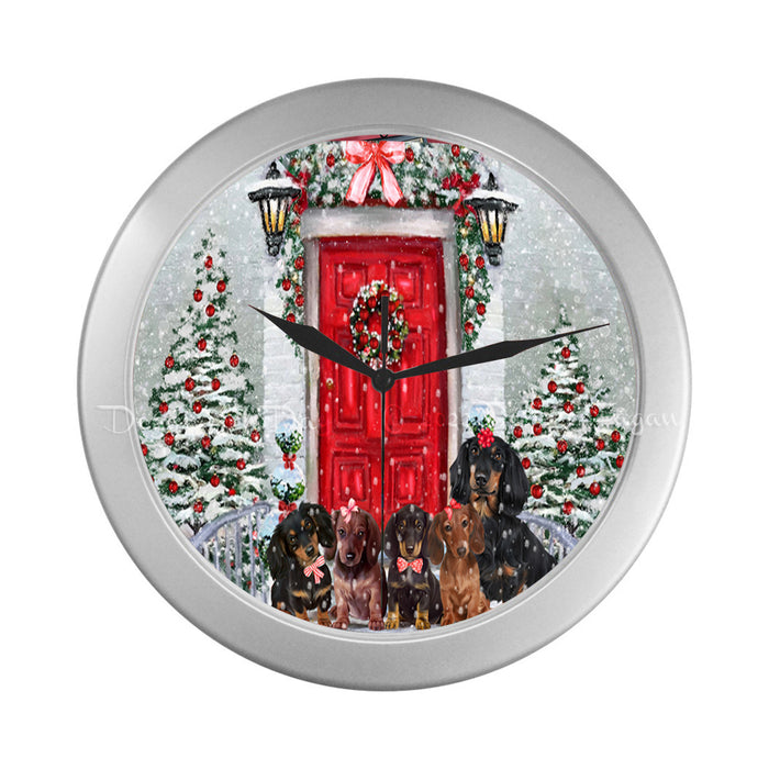 Christmas Holiday Welcome Red Door Dachshund Dog on Silver Wall Clocks