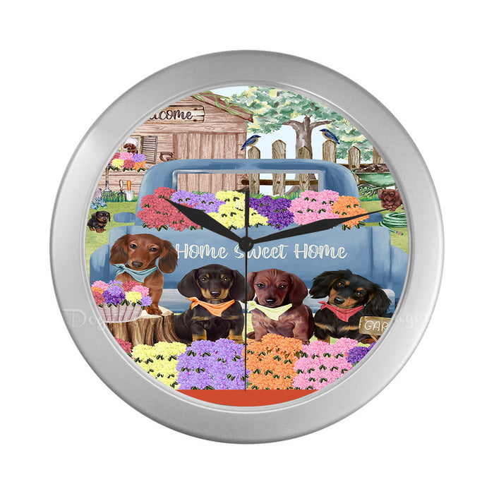 Rhododendron Home Sweet Home Garden Blue Truck Dachshund Dog on Silver Wall Clocks