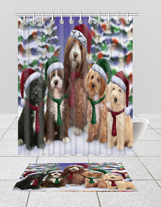 Cockapoo Dogs Christmas Family Portrait in Holiday Scenic Background  Bath Mat and Shower Curtain Combo