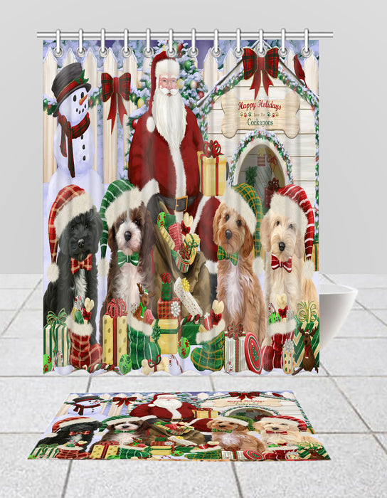 Happy Holidays Christmas Cockapoo Dogs House Gathering Bath Mat and Shower Curtain Combo