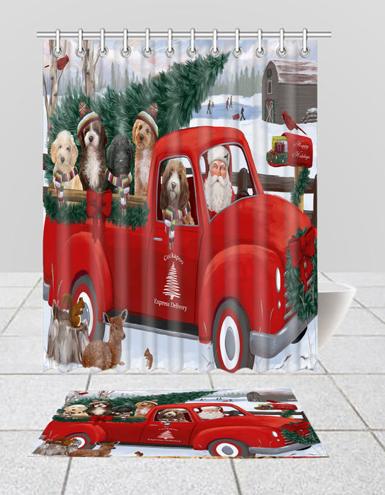 Christmas Santa Express Delivery Red Truck Cockapoo Dogs Bath Mat and Shower Curtain Combo