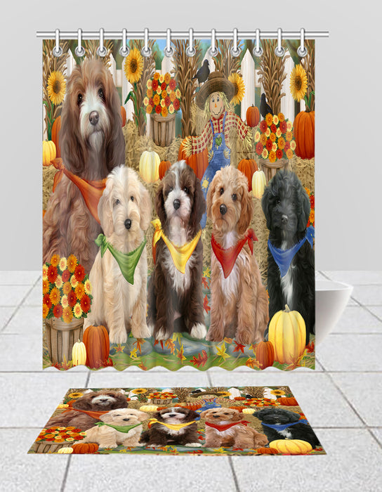 Fall Festive Harvest Time Gathering Cockapoo Dogs Bath Mat and Shower Curtain Combo