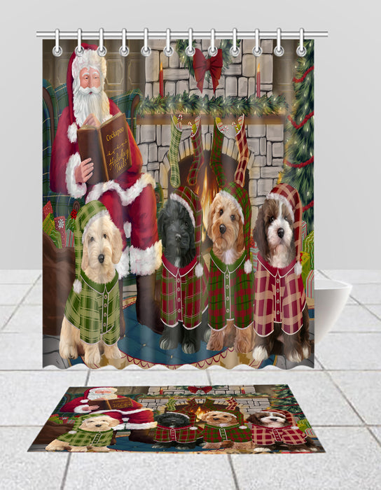 Christmas Cozy Holiday Fire Tails Cockapoo Dogs Bath Mat and Shower Curtain Combo