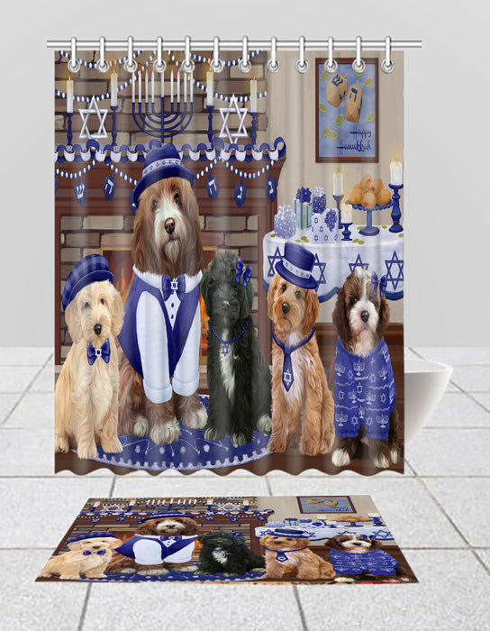 Happy Hanukkah Family Cockapoo Dogs Bath Mat and Shower Curtain Combo