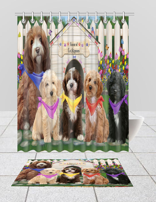 Spring Dog House Cockapoo Dogs Bath Mat and Shower Curtain Combo