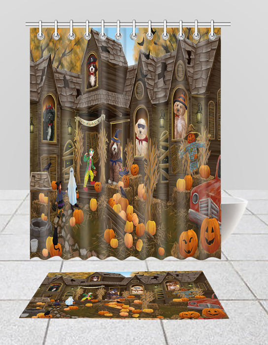 Haunted House Halloween Trick or Treat Cockapoo Dogs  Bath Mat and Shower Curtain Combo
