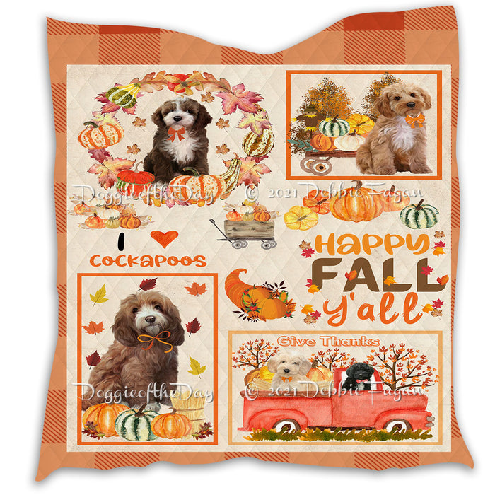 Happy Fall Y'all Pumpkin Cockapoo Dogs Quilt Bed Coverlet Bedspread - Pets Comforter Unique One-side Animal Printing - Soft Lightweight Durable Washable Polyester Quilt