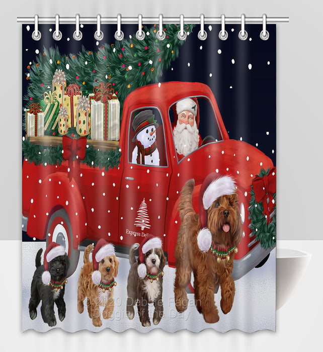 Christmas Express Delivery Red Truck Running Cockapoo Dogs Shower Curtain Bathroom Accessories Decor Bath Tub Screens