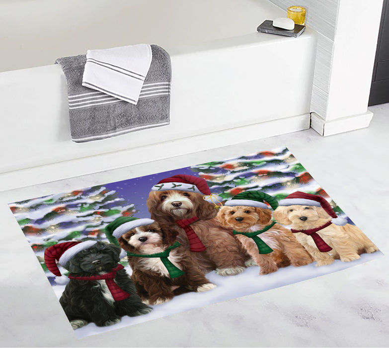 Cockapoo Dogs Christmas Family Portrait in Holiday Scenic Background Bath Mat