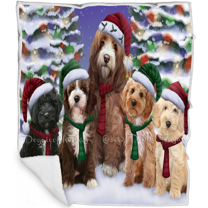 Cockapoos Dog Christmas Family Portrait in Holiday Scenic Background  Blanket BLNKT90678