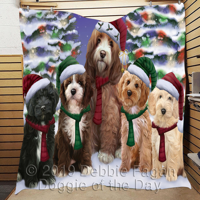 Cockapoo Dogs Christmas Family Portrait in Holiday Scenic Background Quilt