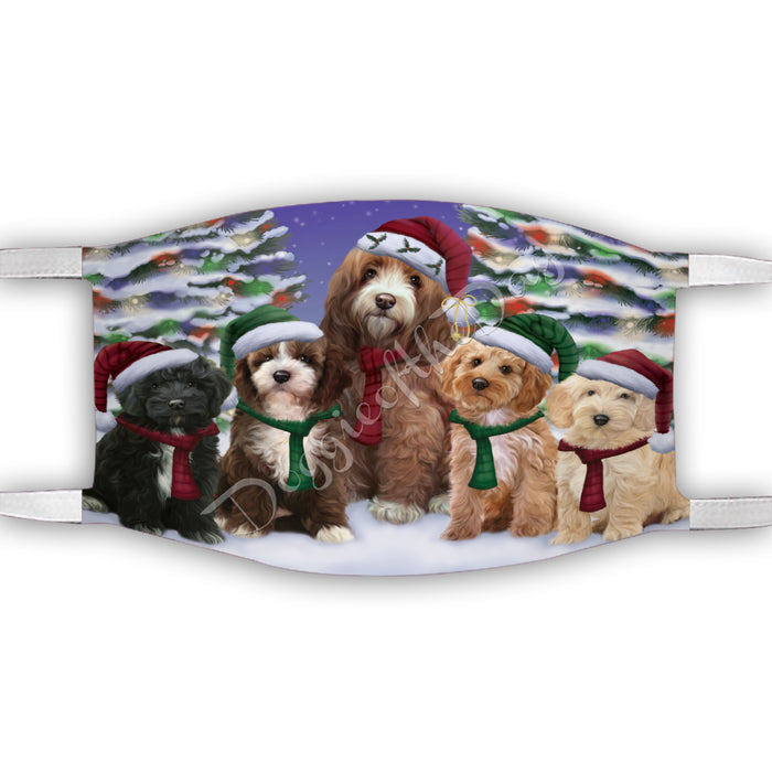 Cockapoo Dogs Christmas Family Portrait in Holiday Scenic Background Face Mask FM48336