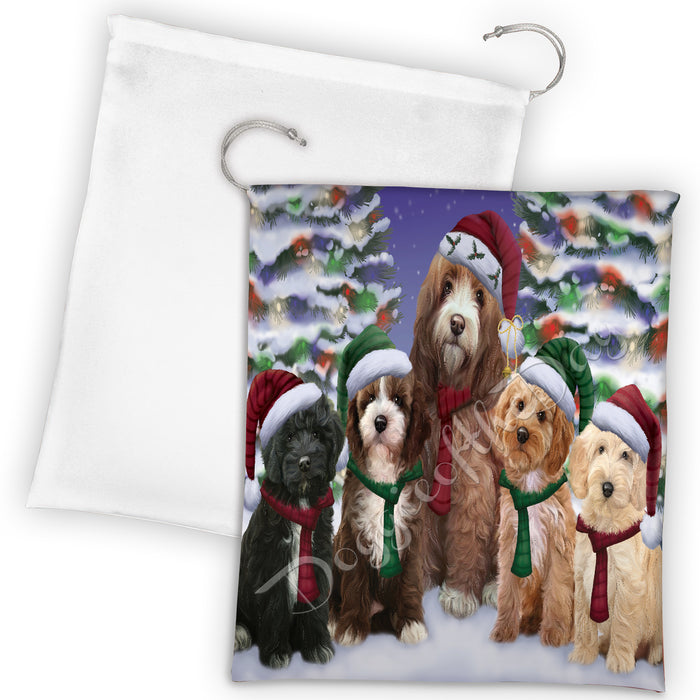 Cockapoo Dogs Christmas Family Portrait in Holiday Scenic Background Drawstring Laundry or Gift Bag LGB48134